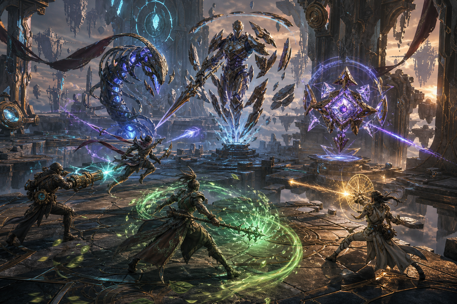 Five adventurers battling elite enemies in a suspended temple broken open to the clouds.
