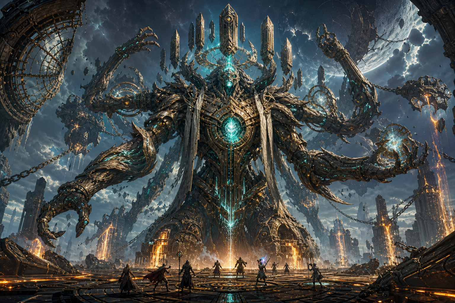The Astral Warden towering over ruined structures in a storm-lit celestial forge.