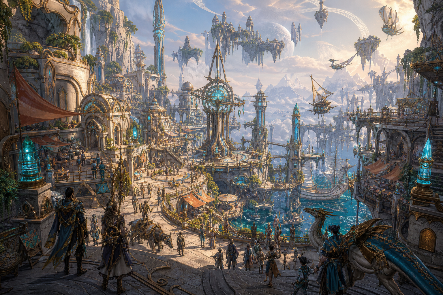 A vertical harbor city carved into pale cliffs with bridges and glowing rune lanterns.