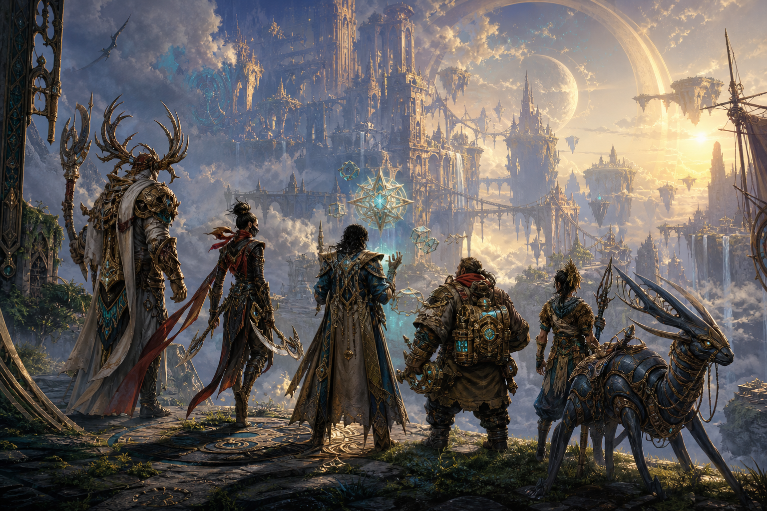 A party of adventurers overlooking shattered sky-islands and celestial ruins.